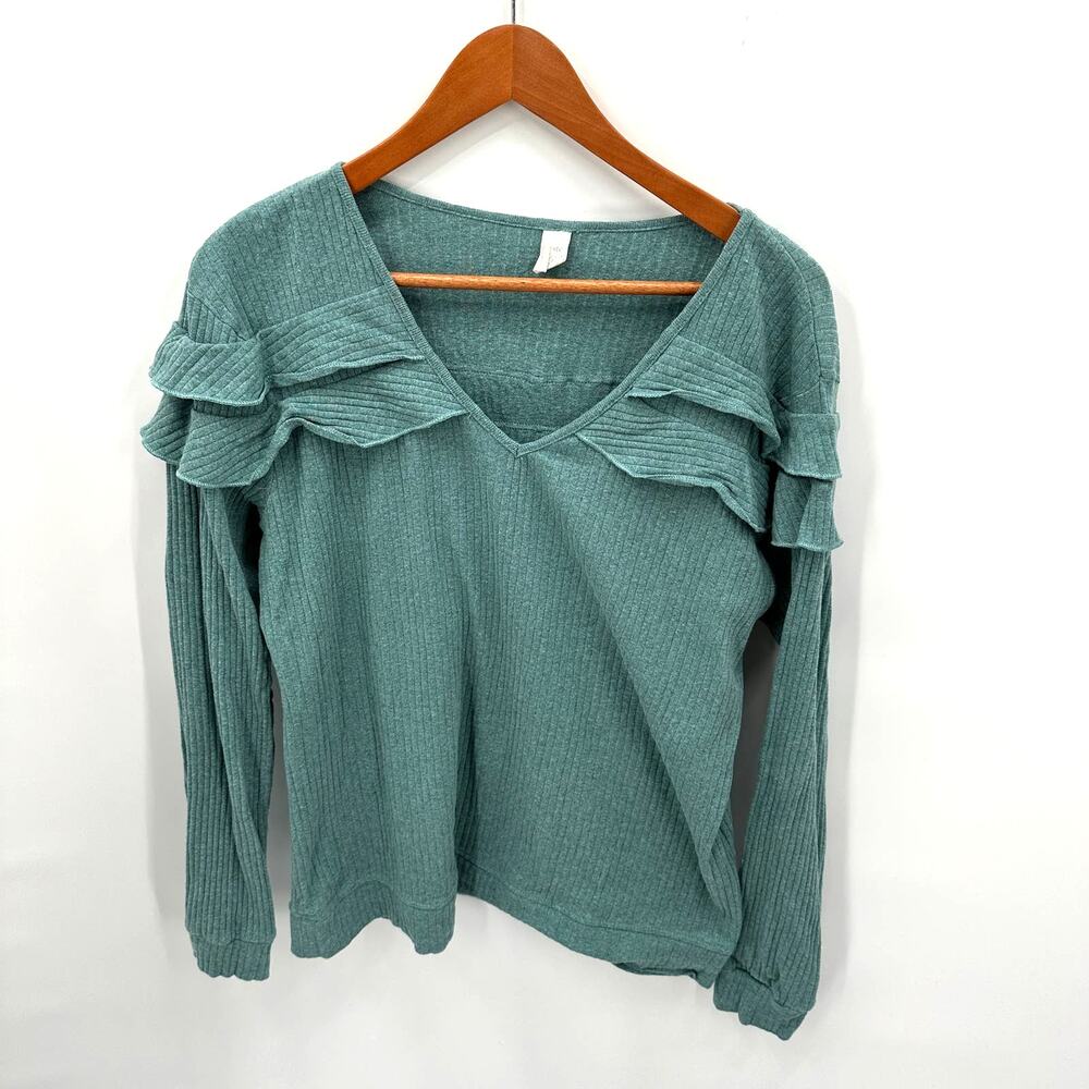 KATE QUINN Organic Cotton Ribbed V Neck Ruffle Teal Long Sleeve Top // XXL